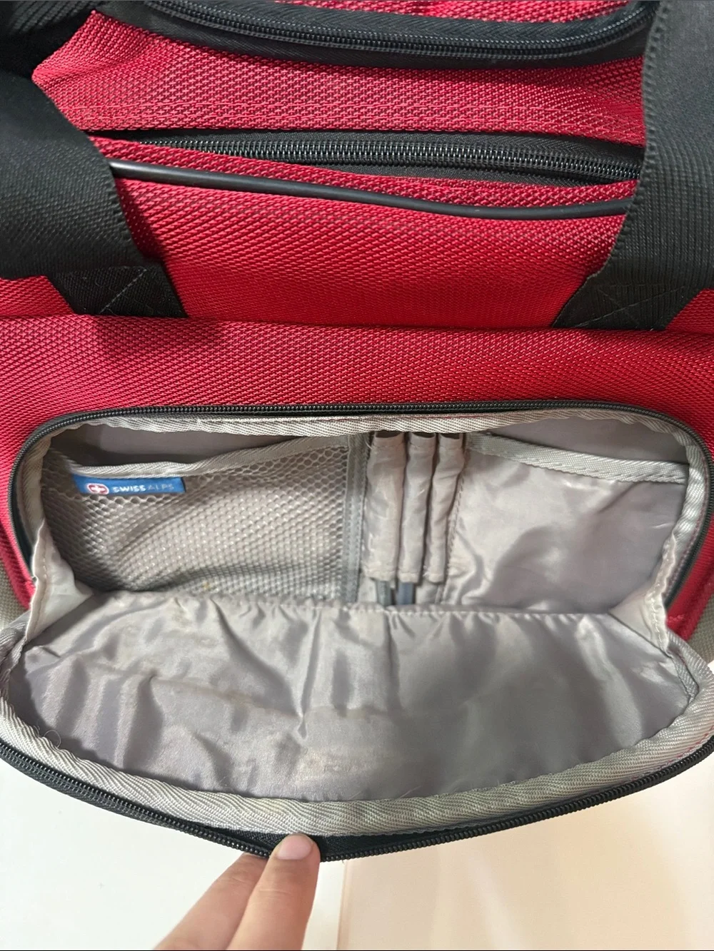 Swiss alps Red Travel Suitcase with Front Pocket and Black Handles